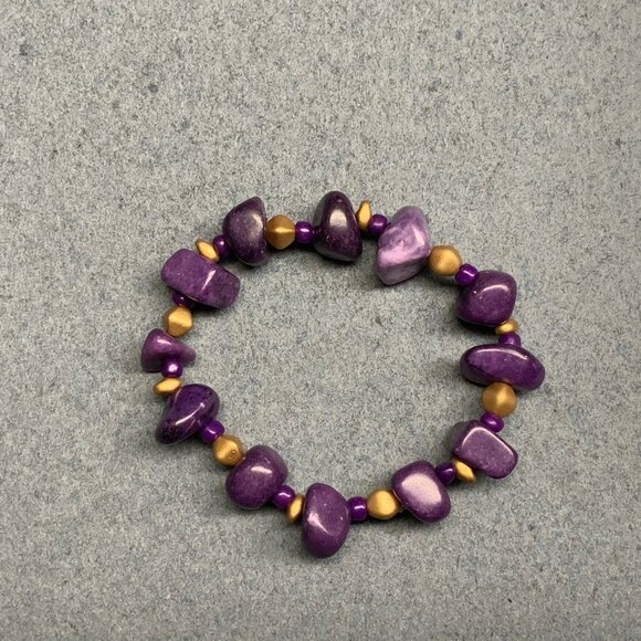 Organic Beaded Stretch Bracelet 7.5 In Purple Marbled Stone Gold Chunky Hippie R - Picture 4 of 5